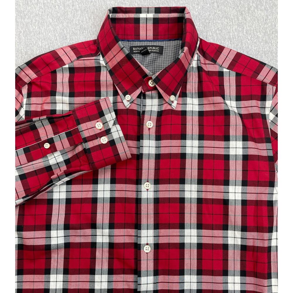 Banana Republic Shirt Mens Large Plaid 100% Cotton Tailored Slim Fit Button Down